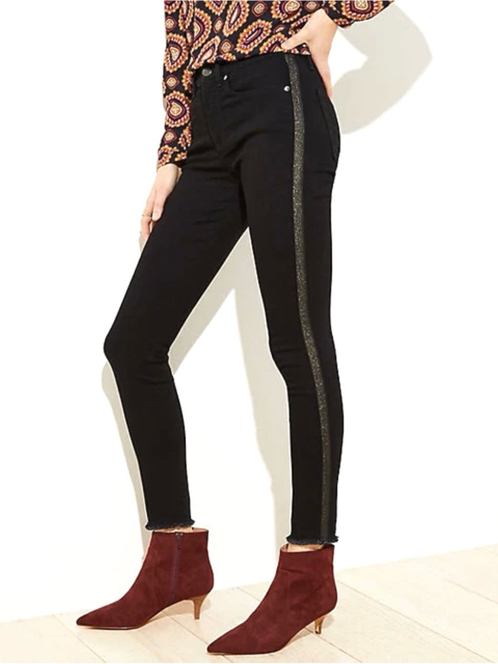 LOFT Black Skinny Jeans Shimmer Stripe Slim Pocket Denim Size 28 / 6